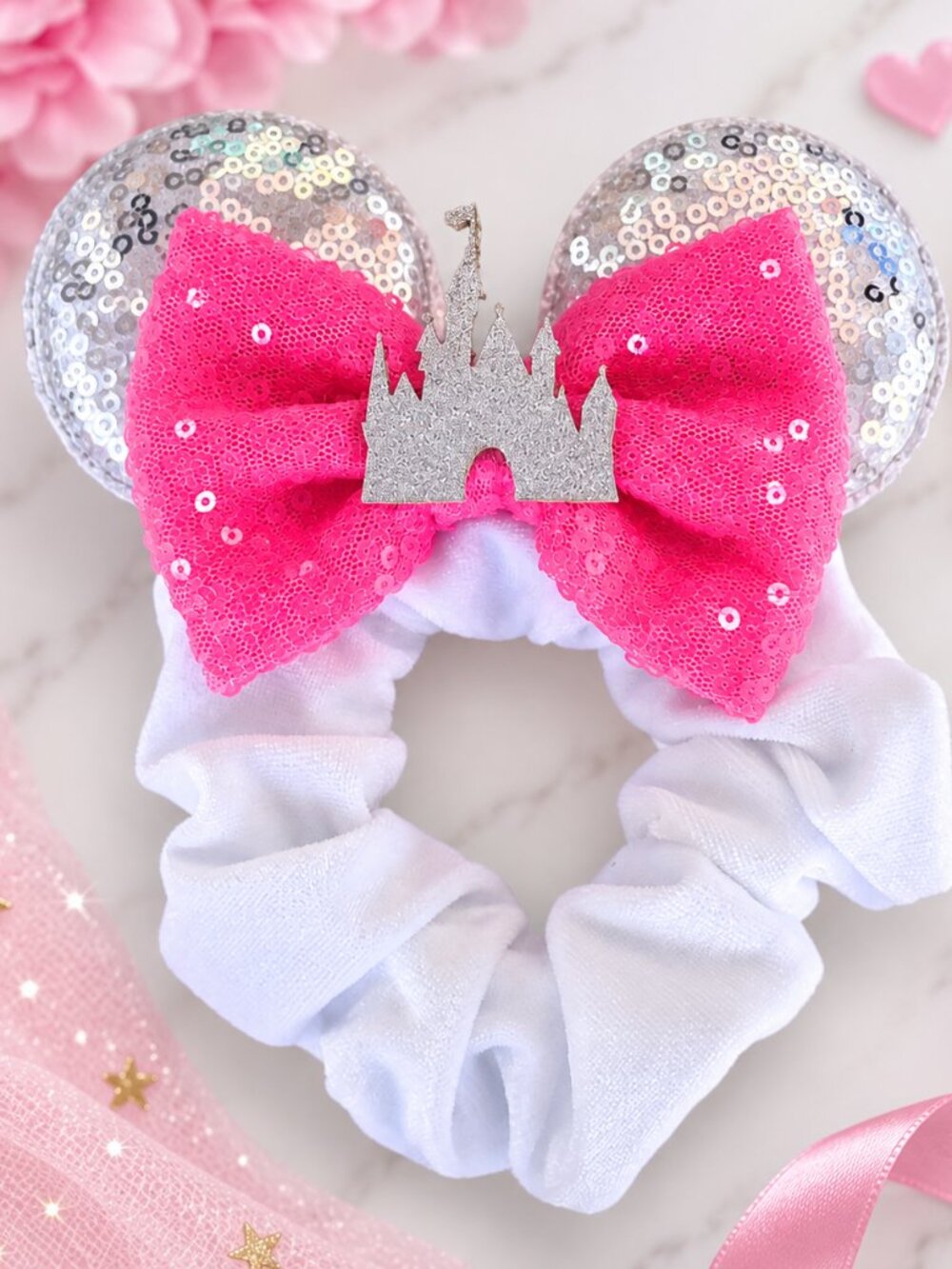Pink Princess Castle Mouse Ears Scrunchie Sequin Bow Disney Inspired